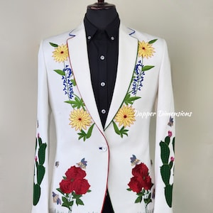 Men White 2Pc Customized Handmade Cactus Flowers Floral Embroidered Piping Country Western Suit Texas Vintage Party Wedding Designer Outfit