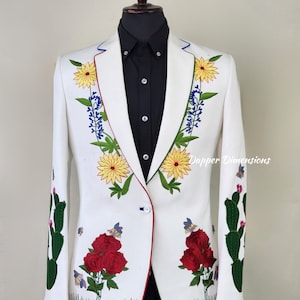Men&#39;s White Bespoke 2Pc Floral Cactus Flower Embroidered With Piping Country Western Suit Cocktail Wedding Day Cowboy Prom Party Outfit Set