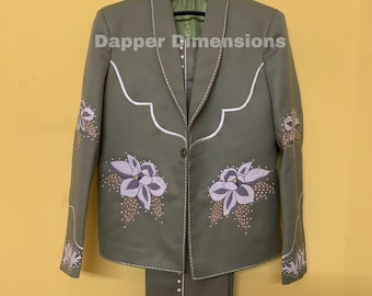 Olive Green Rhinestone Embroidered Western Suit: Cowboy Wedding Outfit