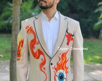 Man's Light Brown 2Pc Bespoke Dragon & Fire Flames Embroidered Piping Country Western Suit High Waist Pant Retro Prom Party Designer Outfit
