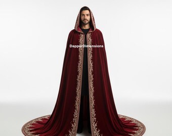 Men's Red Velvet Military Wedding Cap Suit  Gold Embroidered Groom Outfit - Royal Prince Jacket with Cape - Custom Formal Tuxedo Alternative