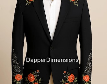 Men's 2Pc Black Custom Floral Embroidered Flower Nudie Suit: Cowboy Suit Rhinestone Western Wedding Outfit