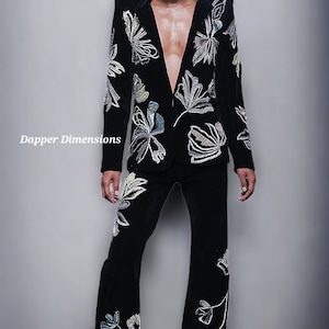 Women 2Pc Sparkle Black Custom Made Flowers Embroidered Country Western Boho Hippie Royal Suit Prom Party Attire Wedding Designer Dress Set