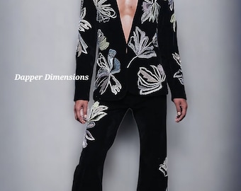 Women 2Pc Sparkle Black Custom Made Flowers Embroidered Country Western Boho Hippie Royal Suit Prom Party Attire Wedding Designer Dress Set