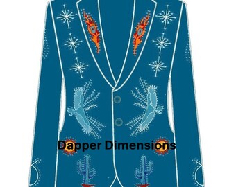 Traje de dos piezas personalizado con bordado floral azul para hombre: traje vaquero con diamantes de imitación.