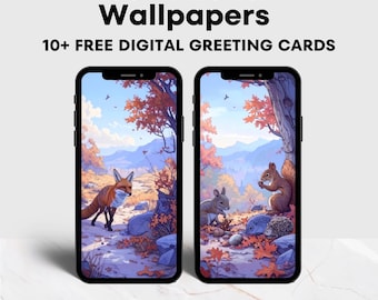 May include: Two smartphones displaying nature-themed wallpapers. One shows a fox, the other a squirrel, rabbit, and hedgehog. Text at the top reads "35+ Phone Wallpapers" and "10+ FREE DIGITAL GREETING CARDS".