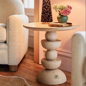 Handmade Sculptural Wood Side Table: Modern Round Oak Accent Table