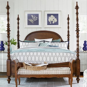 Handcrafted Solid Wood Four-Poster Bed with Bench: Coastal Farmhouse Style