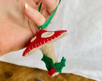 Festive, Rustic Felt Mushroom Christmas Holiday Ornament with Holly