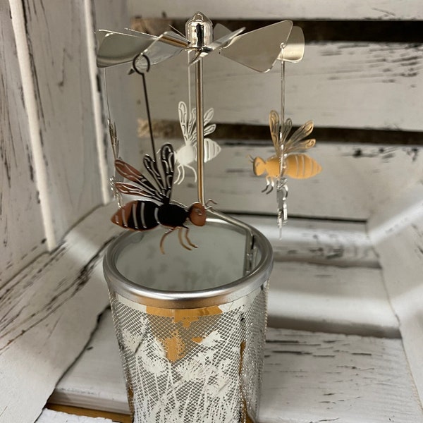 Glass carousel bee tea light holder with propeller - height 16 cm