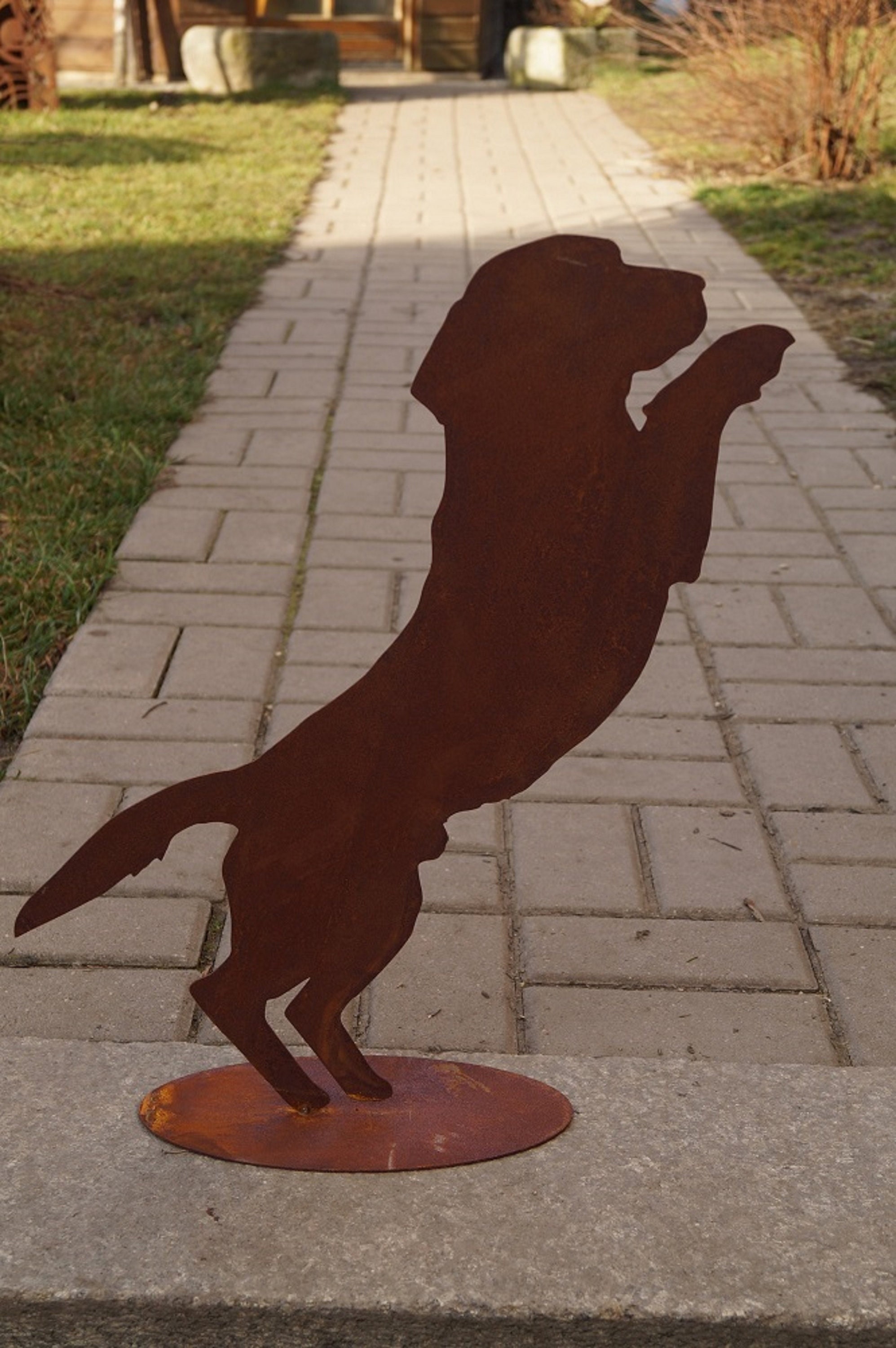 Edelrost-Hund Gartendekoration – Sitzend Mit Leine, 30 X 27 Cm – Metall Mit Rostpatina