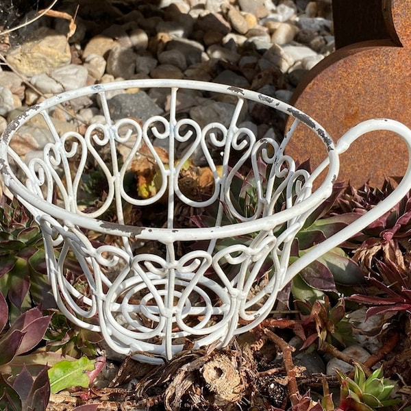 Metall Pflanz - Tasse Ornament mit Griff weiß im Shabby Stil