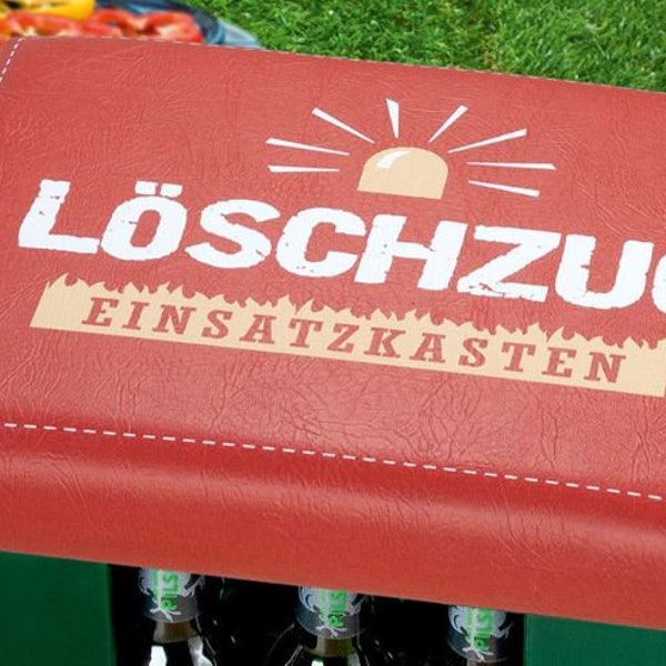 Kunststoff Sitzpolster Aufsatz für Getränke- / Bierkisten mit Spruch - Löschzug