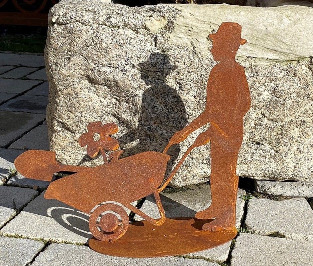 Edelrost Mini Gärtner mit Schubkarre Höhe 25 cm Garten Deko Rost