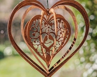 Edelrost wind chime heart with bird motif - height 26 cm