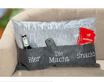 Filz Männerkissen mit Einstecktaschen grau Geschenkidee