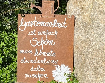 Edelrost Tafel mit Gießkanne - Gartenarbeit ist einfach schön