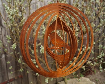 Edelrost Windspiel Spirale mit Spatz Garten Deko Rost Hänger