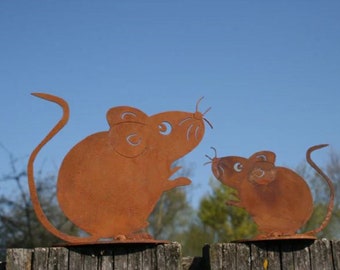 Edelrost Mäuse 2-teilig auf Bodenplatte - Höhe 7 / 10 cm Garten Deko Rost