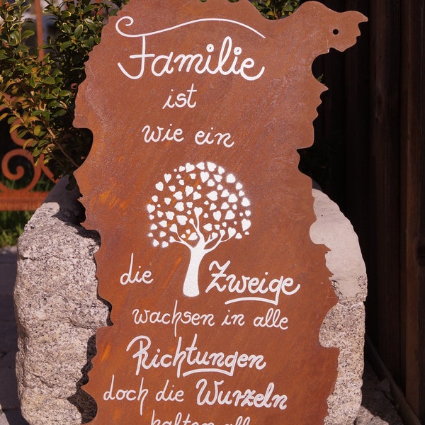 Edelrost Tafel Risse mit Spruch "Familie ist wie ein Baum"