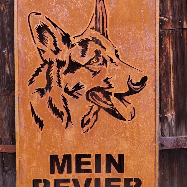 Edelrost Schild mit Schäferhund zum Stecken - Höhe 115 cm Wachhund