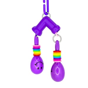 May include: Purple plastic maracas with rainbow coloured rings around the handles. The maracas are attached to a purple plastic connector with a loop at the top.