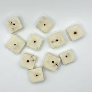 May include: Ten square, off-white wooden beads, each with a central dark brown hole. The beads have a natural appearance, showing wood grain and slight colour variations. Each bead measures approximately 2 cm.