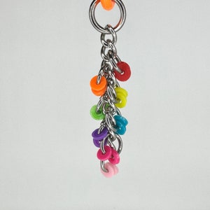 May include: A silver chain with a ring at the top and colourful plastic rings hanging from it. The rings are in a rainbow pattern, starting with red and ending with pink.