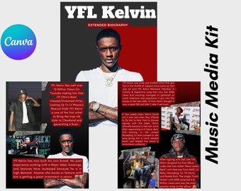 May include: A collage of images featuring a young man, YFL Kelvin, with text about his music career. The text includes his name, "YFL Kelvin", "Extended Biography", "Music Media Kit", and details about his music career, including his rise to fame, his music style, and his record label. The images show YFL Kelvin in different settings, including a studio, a stage, and a street.