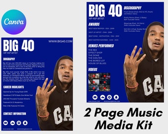 Puede incluir: Un kit de medios musicales de dos páginas para un artista de hip-hop llamado Big 40. El kit incluye una biografía, momentos destacados de su carrera, premios, discografía, lugares donde ha actuado y videos. El kit presenta una foto de Big 40 con un fondo azul y el texto "BIG 40" en letras blancas grandes.