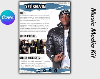 May include: A black and white press kit for a music artist named YFL Kelvin. The press kit includes a bio, press photos, career highlights, and contact information. The bio highlights Kelvin's success on YouTube and Spotify. The press photos show Kelvin in various poses. The career highlights include his YouTube views, Spotify streams, and monthly listeners.