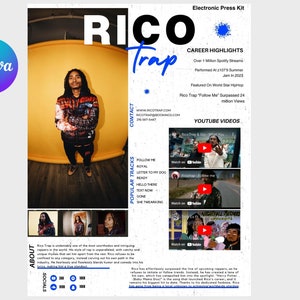 May include: A colourful poster featuring a man wearing a black and red jacket. The poster is for a musician called Rico Trap. It includes the musician's social media handles, contact information, and a list of popular tracks. The poster also lists career highlights, including over 1 million Spotify streams and a performance at the 21079 Summer Jam in 2023.