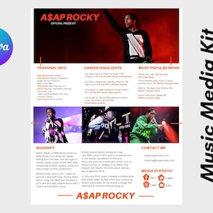 Może przedstawiać: Zestaw mediów muzycznych A$AP Rocky w czerwono-biało-czarnej kolorystyce. Zestaw zawiera biografię, najważniejsze wydarzenia z kariery, najpopularniejsze utwory, dane kontaktowe i statystyki mediów. Zestaw zawiera zdjęcie A$AP Rocky'ego występującego na scenie.