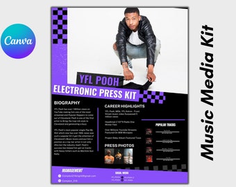 Puede incluir: Un kit de prensa en blanco y negro para YFL Pooh, un rapero de Cleveland, Ohio. El kit de prensa incluye una biografía, puntos destacados de la carrera, pistas populares, fotos de prensa, información de gestión y enlaces a las redes sociales. El kit de prensa está diseñado con un patrón a cuadros y acentos morados.