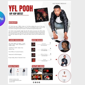 May include: A white and red press kit for a hip-hop artist named YFL Pooh. The press kit includes a biography, career highlights, music release information, press photos, and YouTube videos. The artist is pictured in several photos and videos.