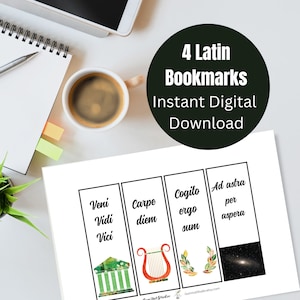 May include: Four printable bookmarks featuring Latin phrases: Veni Vidi Vici, Carpe Diem, Cogito Ergo Sum, and Ad Astra Per Aspera. Each bookmark has a watercolor illustration: a building, a lyre, a laurel wreath, and a galaxy.