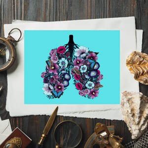 Anatomie afdrukken| Kunst ansichtkaart | Geïllustreerde ansichtkaart | Bloemen ansichtkaarten | Kunstzinnige briefkaart | Anatomische afdruk| Anatomische longen en bloemen |