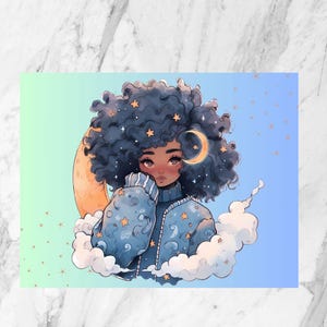 Postcard| Galaxy| Celestial | Postcard For Her | Astronomy Mini Print | Illustrated Postcard | Moon Postcard |  Black Girl Magic