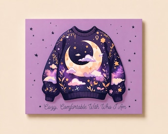 Postcard| Galaxy| Celestial | Postcard For Her | Cozy Comfortable In My Skin | Illustrated Postcard | Moon Postcard | Sweater Postcard