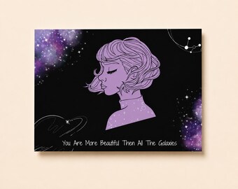 Galaxy Postcard | Postcard For Her | Astronomy Mini Print | Illustrated Postcard | Moon Postcard | Space Postcard