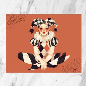 Postal/ / Payaso Arlequín/ Postal Para Ella / Postal Ilustrada / Chica Ilustrada