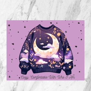 Postcard| Galaxy| Celestial | Postcard For Her | Cozy Comfortable In My Skin | Illustrated Postcard | Moon Postcard | Sweater Postcard