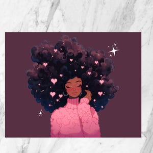 Cartão postal | Galáxia | Cabelo natural | Cartão postal para ela | Cartão postal ilustrado | Garota ilustrada | Garota da galáxia | Magia da garota negra |
