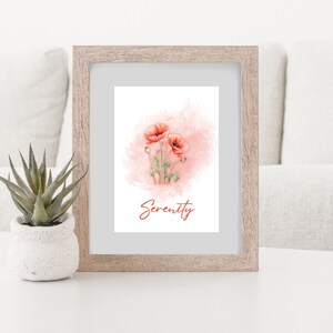 Arte de pared digital de amapola de serenidad, cartel descargable de flor de nacimiento de agosto, cita inspiradora de acuarela, regalo motivacional imprimible