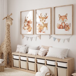 Woodland Animals Set of 3 Printable Wall Art for Nursery, Forest Animal Prints Fox Squirrel Deer, Instant Digital Download Kids Room Gift