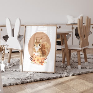 Woodland Squirrel Printable Wall Art for Nursery, Forest Squirrel with Autumnal Flowers Print, Instant Digital Downloadable Kids Room Gift