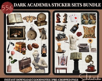 May include: A digital planner screen with a set of 556 dark academia themed stickers. The stickers include a skull, books, a butterfly, a clock, a lantern, a camera, a typewriter, a gramophone, a chess piece, a rose, a coffee bean, a violin, a bust, and a painting.