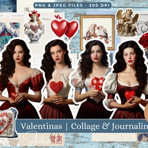 Puede incluir: Un kit de collage digital con temática de San Valentín. El kit incluye imágenes de corazones, flores, ángeles y mujeres con vestidos de inspiración vintage. El kit está diseñado para scrapbooking, creación de tarjetas y otras manualidades de papel. El texto "Valentinas | Collage & Journaling Kit" está incluido en la imagen.