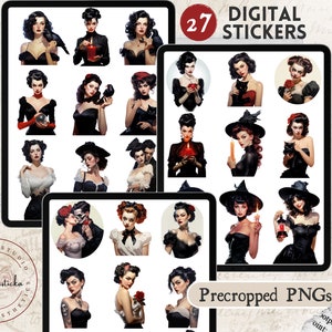 May include: A set of 27 digital stickers featuring illustrations of women in vintage-inspired clothing and accessories. The stickers are pre-cropped and ready to use in digital planners, journals, and other digital projects.