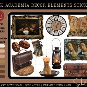 Autocollants numériques Dark Academia - Ensemble d'éléments décoratifs, 98 pcs - Autocollants GoodNotes pré-recadrés - Autocollants Mood Board - Autocollants iPad Planner